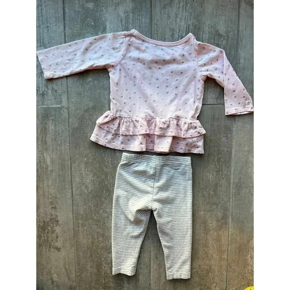 Baby Girl Pink Silver Heart Babydoll Top & Legging 2 Piece Outfit Set Cotton 6m - Picture 8 of 8